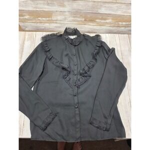 Albert Capraro Bonwit Teller‎ Vintage Black Lace Ruffle Blouse Tie Neck Size 6